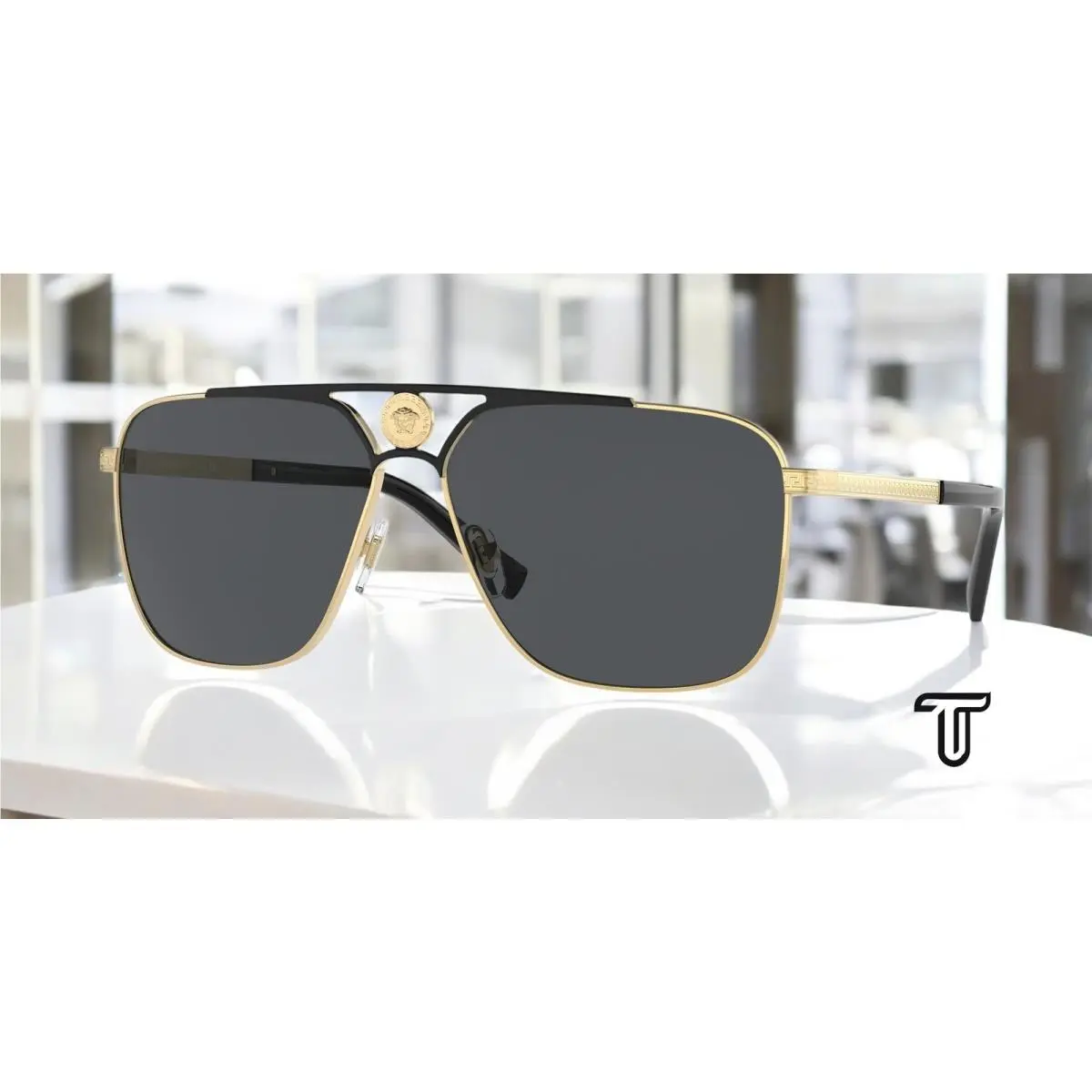 Versace VE2238 143687 Rectangle Gold/matte Black Dark Grey 61 mm Mens Sunglasses