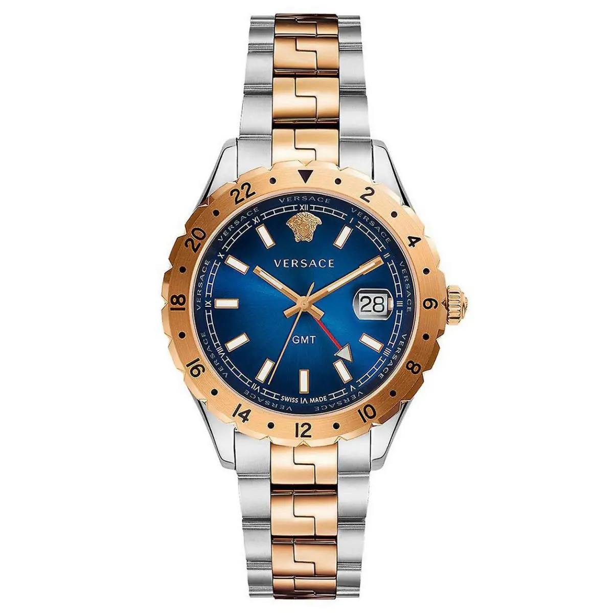 Versace Hellenyium Swiss Men`s Watch Gmt Blue Dual Tone Rose Gold V11060017