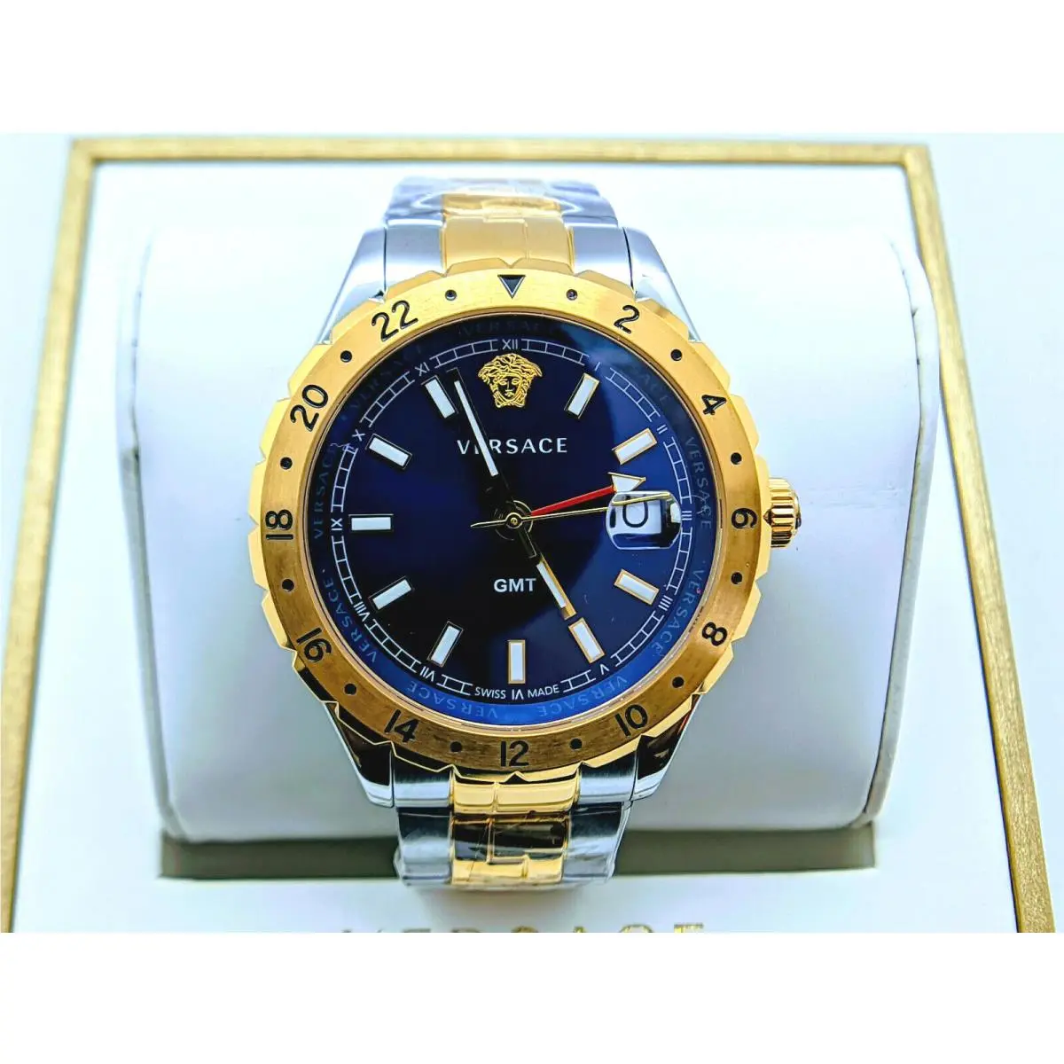 Versace Hellenyium V11060017 Gmt Blue Dial Dual Tone Rose Gold Men`s Watch - Dial: Blue, Band: Rose Gold, Silver, Bezel: Rose Gold