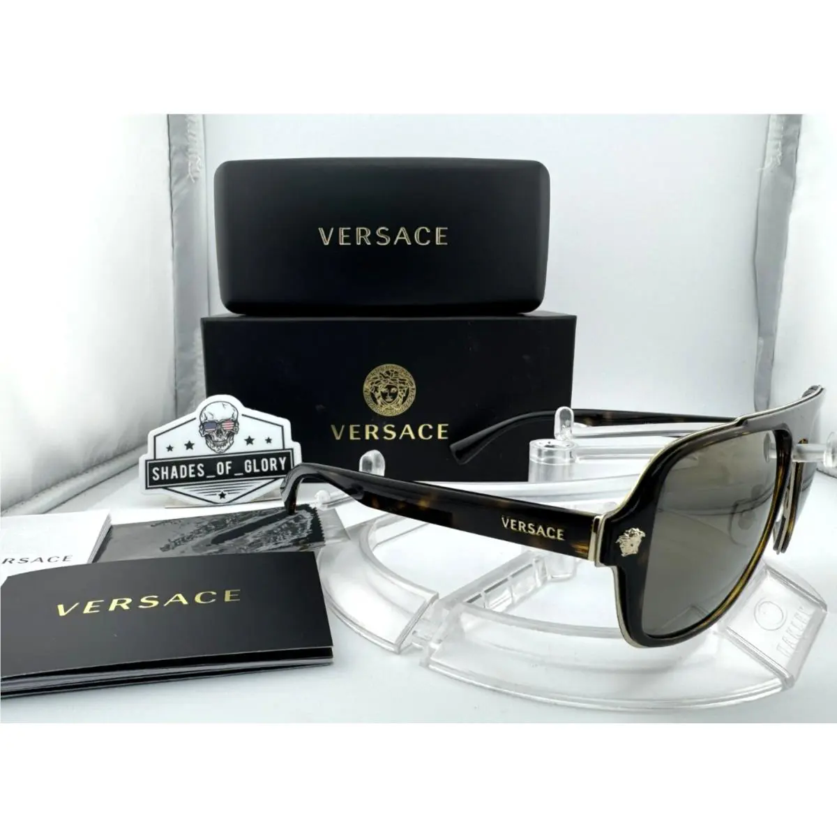 Versace VE 2199 12524T Havana Dark Grey Gold Sunglasses 56MM