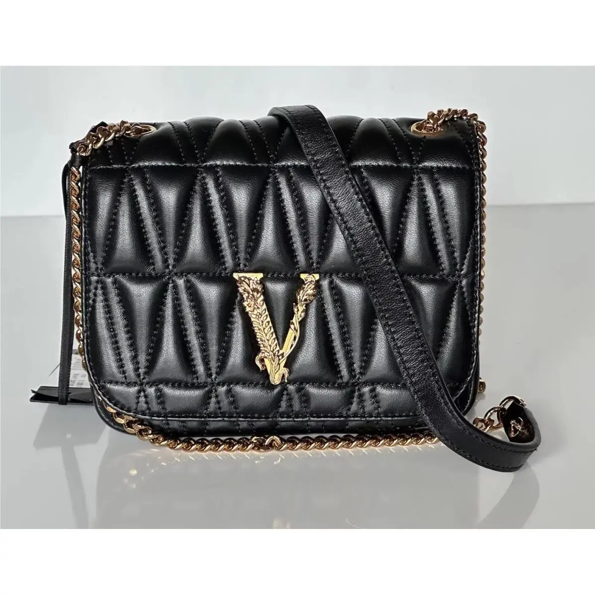Versace Virtus Quilted Leather Black Crossbody Shoulder Bag DBFH821 IT