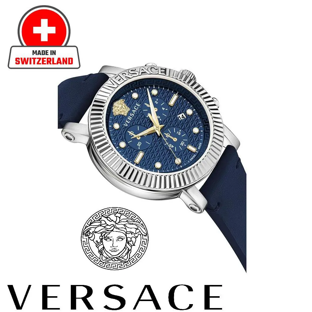 Versace Mens V-chrono Watch Classic 45mm Strap Watch Blue Guilloche Dial Swiss