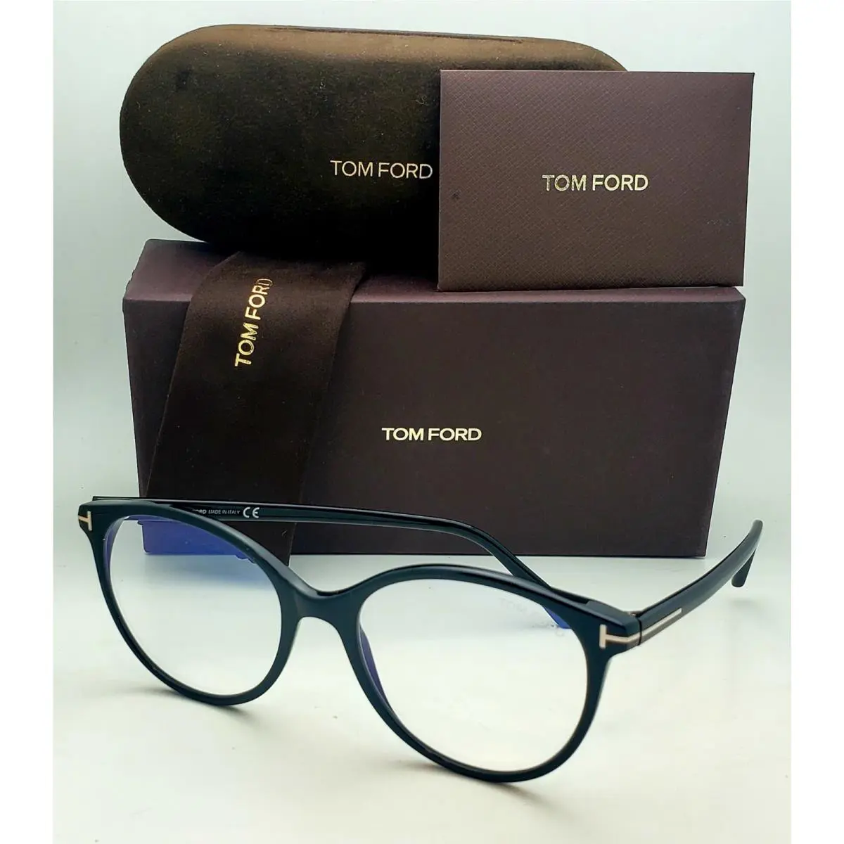 Tom Ford Blue Block Eyeglasses TF 5742-B 001 53-18 Black Gold Round Frames