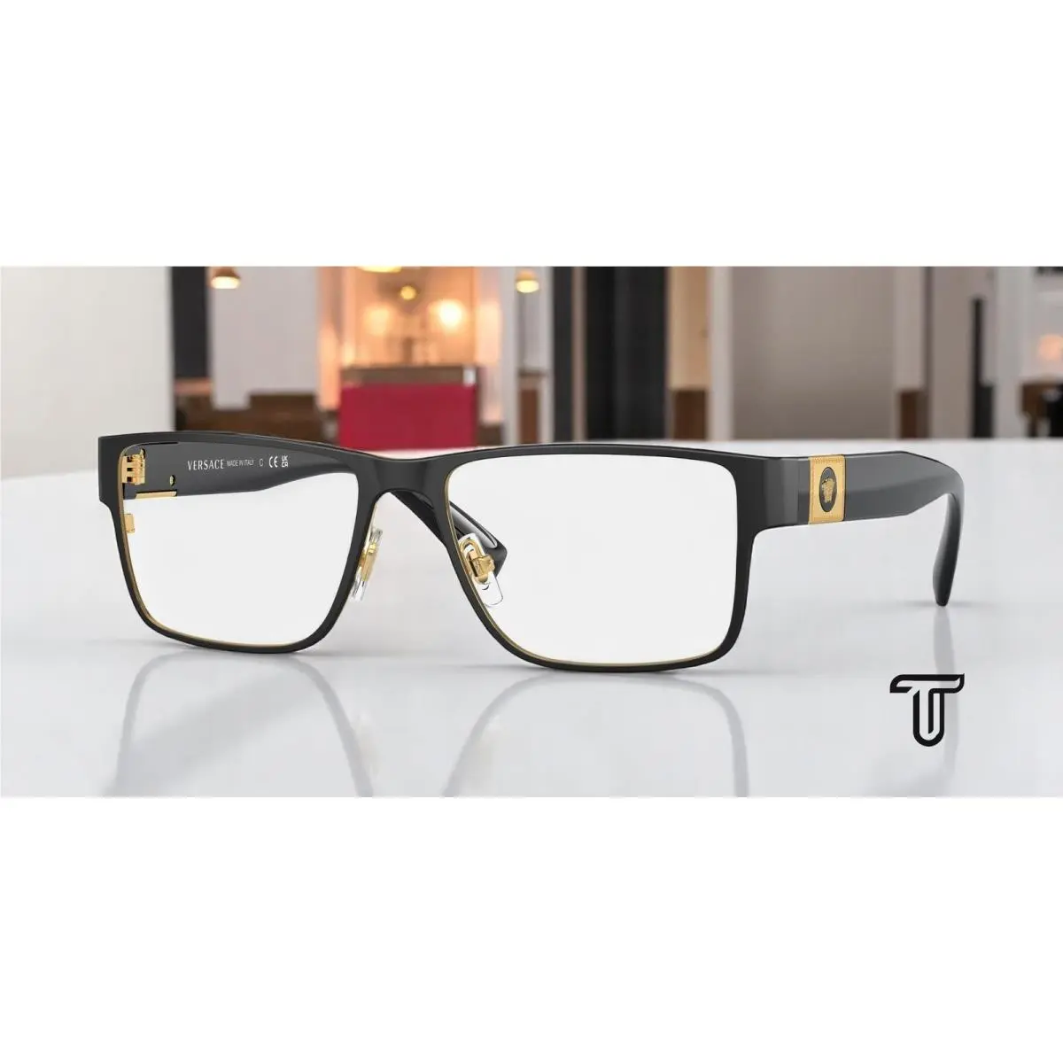 Versace VE1274 1436 Rectangle Matte Blak/gold Demo Lens 55 mm Men`s Eyeglasses