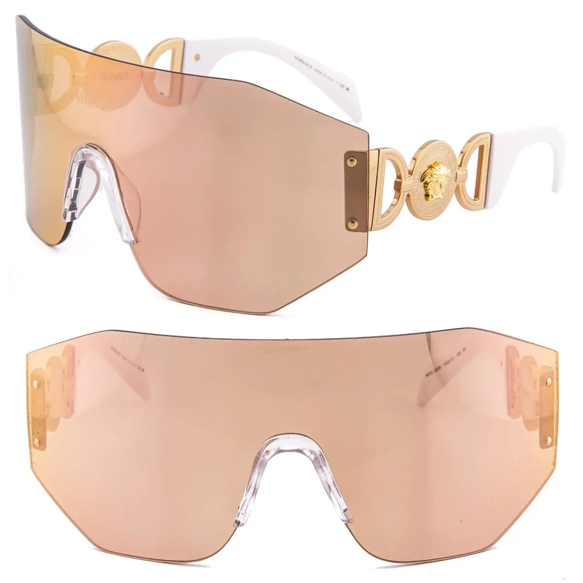 Versace 2258 Medusa Biggie Mask White Gold Mirror VE2258 Wrap Unisex Sunglasses