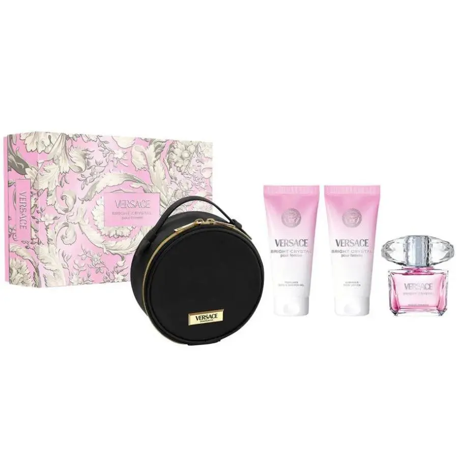 Versace Bright Crystal 4pc Set 3 oz Edt Spray Lotion Shower Gel and Beauty Case