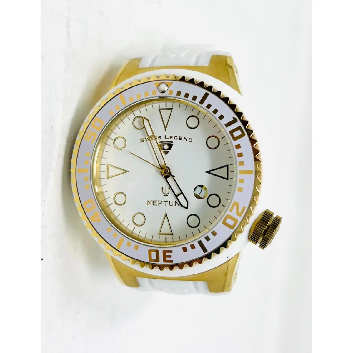 Swiss Legend Neptune Goldtone 52mm White Rubber Strap Men`s Watch