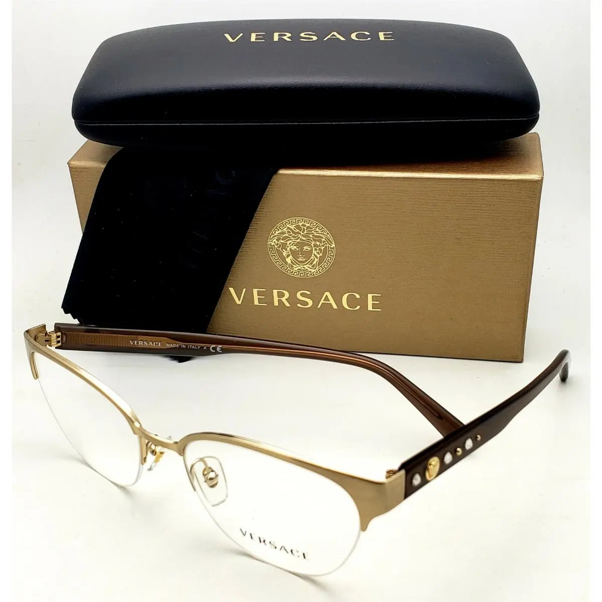 Eyeglasses 1255-B 1339 52-18 Gold Brown Frames w/ Crystals Studs by Versace