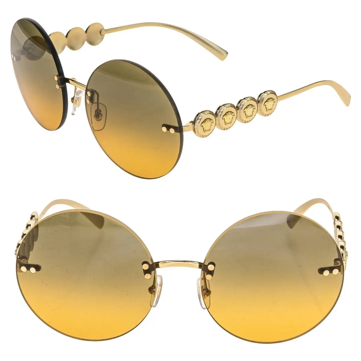 Versace Gold Greca Coin Medusa Orange Gold Round Metal Sunglasses VE2214 2214