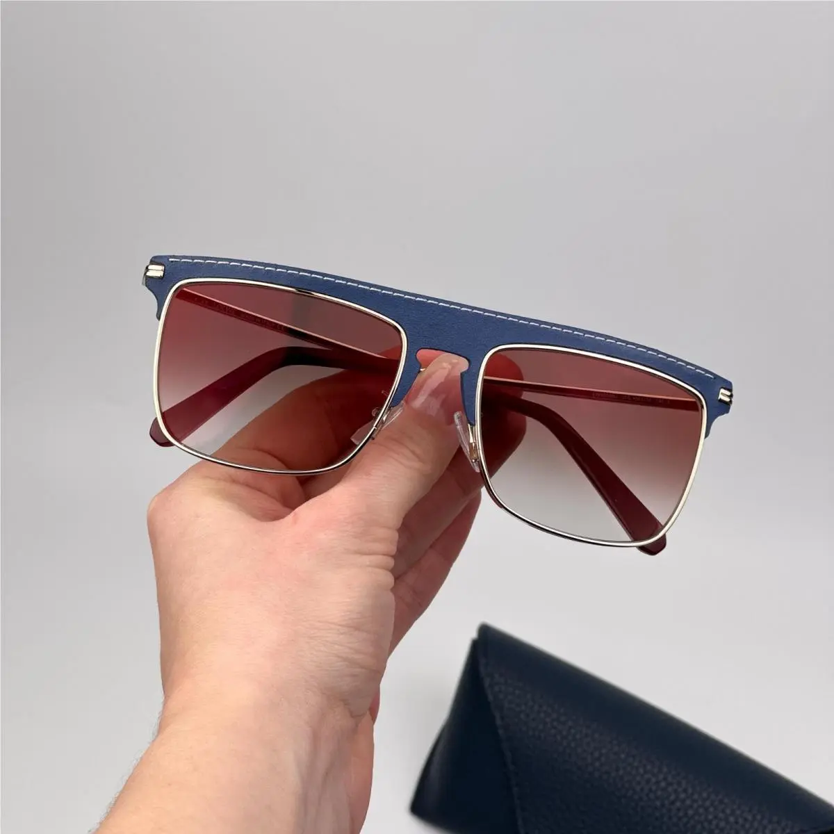 Loewe Women Sunglasses Gold Blue Leather Brown Gradient Square LW40006U 33G