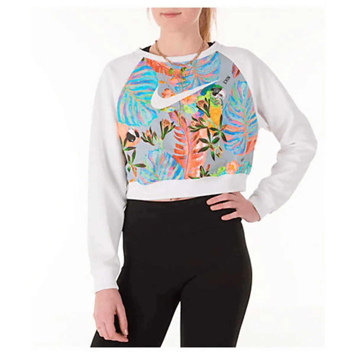 Nike Sportswear Crew Women`s White Floral Crop Aq9722 Reglan Long Sleeves