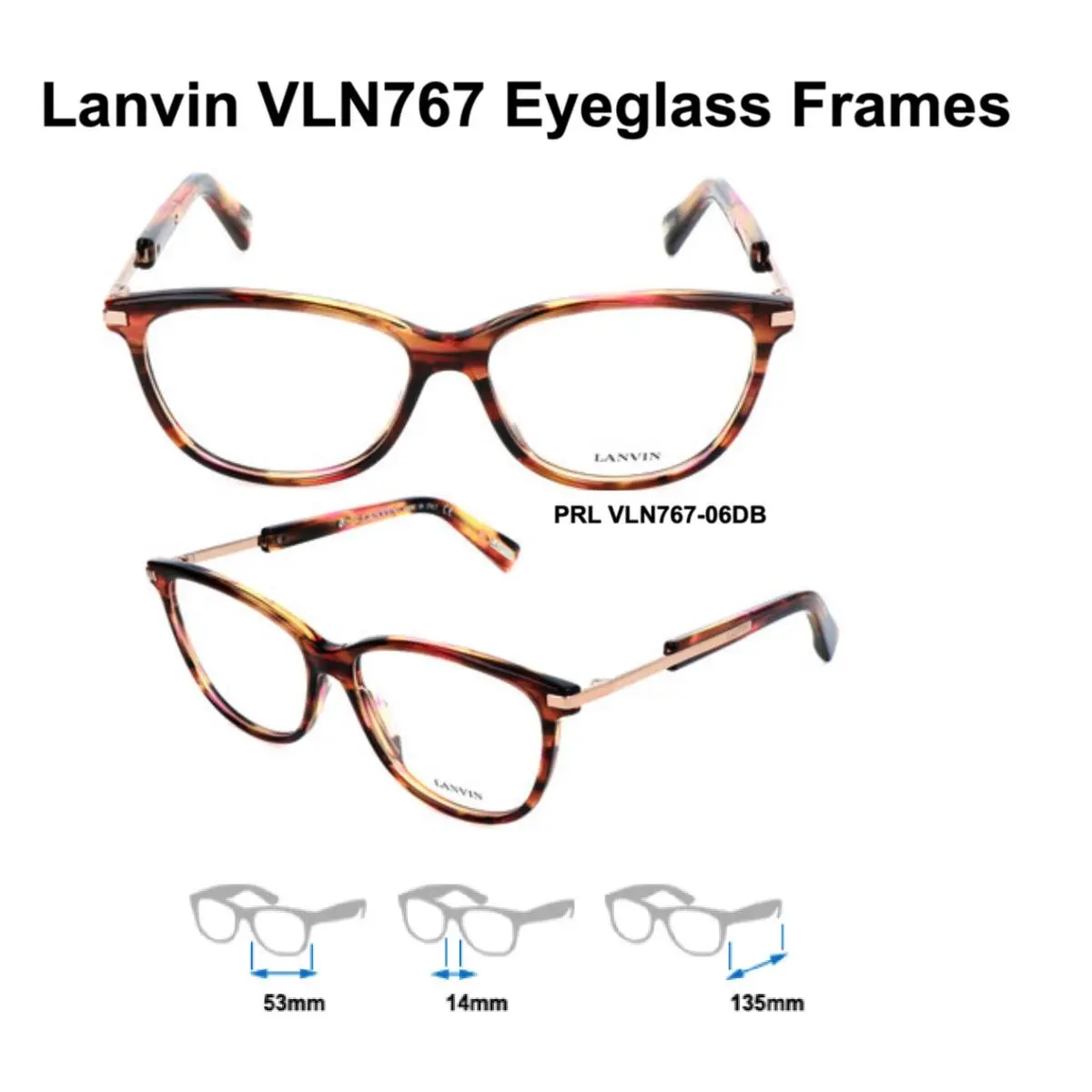 VLN767 Eyeglass Frames Multiple Colors Size 53mm VLN767-06DB (Streaked Dark Brown) by Lanvin