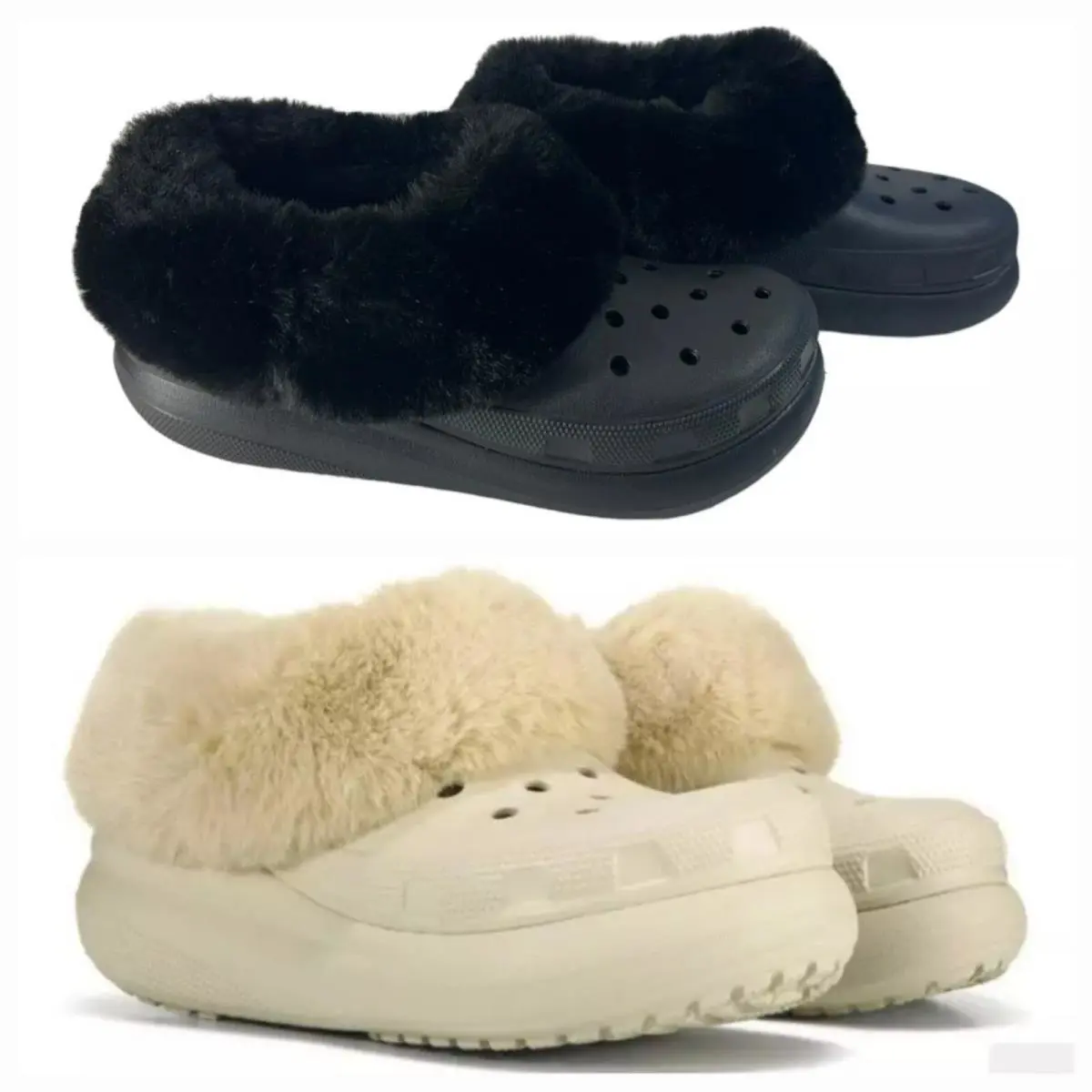 Crocs Furever Crush Black or Bone Lined Platform Clogs 208446 Womens