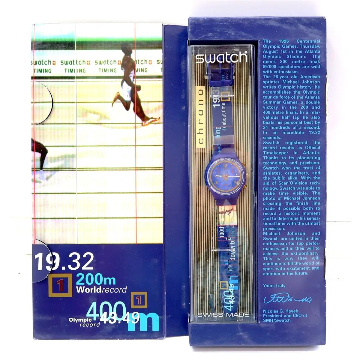 Swatch Chrono Watch Gold Medal SCZ400 1997 Michael Johnson Olympic Boxed Set