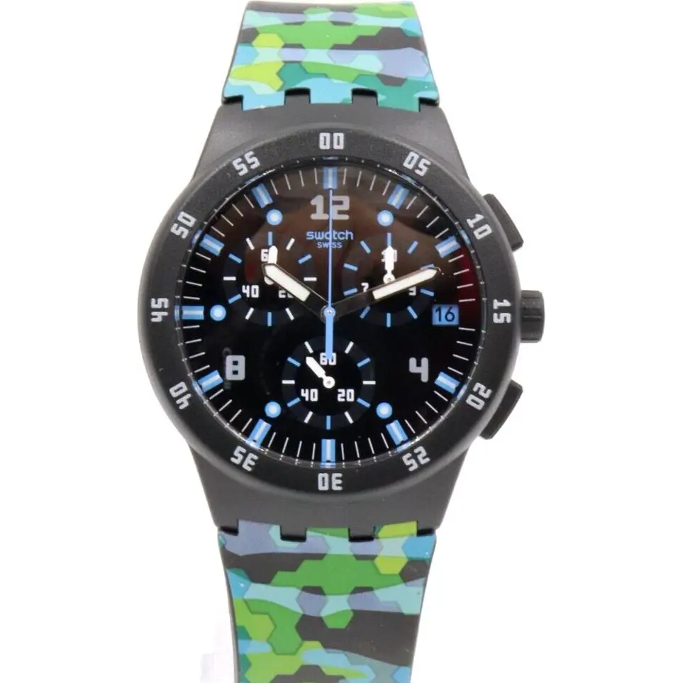Swiss Swatch Urban Jungle Black Camo Chrono Date Watch 41mm SUSB403