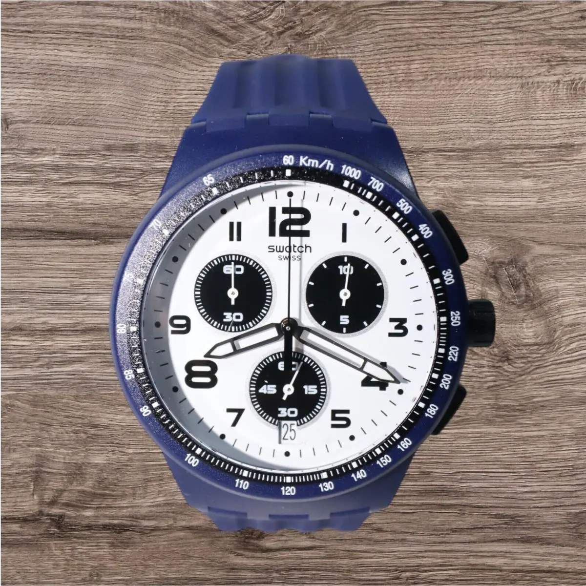 Swiss Swatch Originals Travel Choc Navy Blue Chrono Date Watch 42mm SUSN408