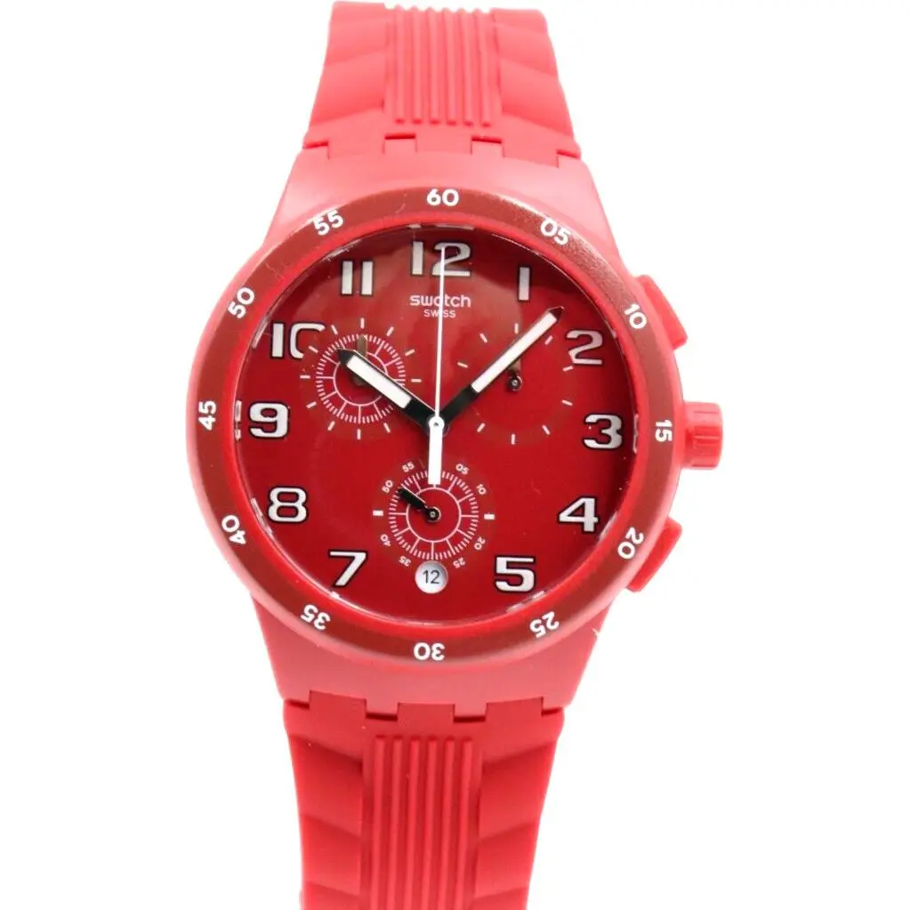 Swiss Swatch Originals Red Step Chrono Silicone Date Watch 42mm SUSR404