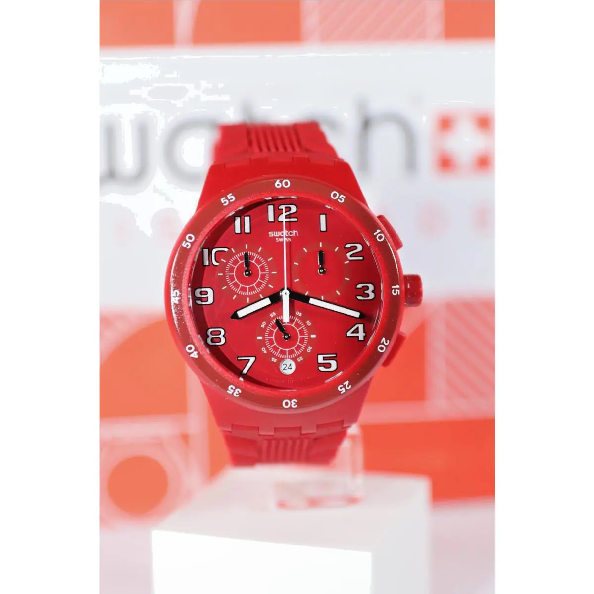 Swiss Made Swatch Originals Red Step Chrono Silicone Watch 42mm SUSR404 Date - Dial: Red, Band: Red, Bezel: Red