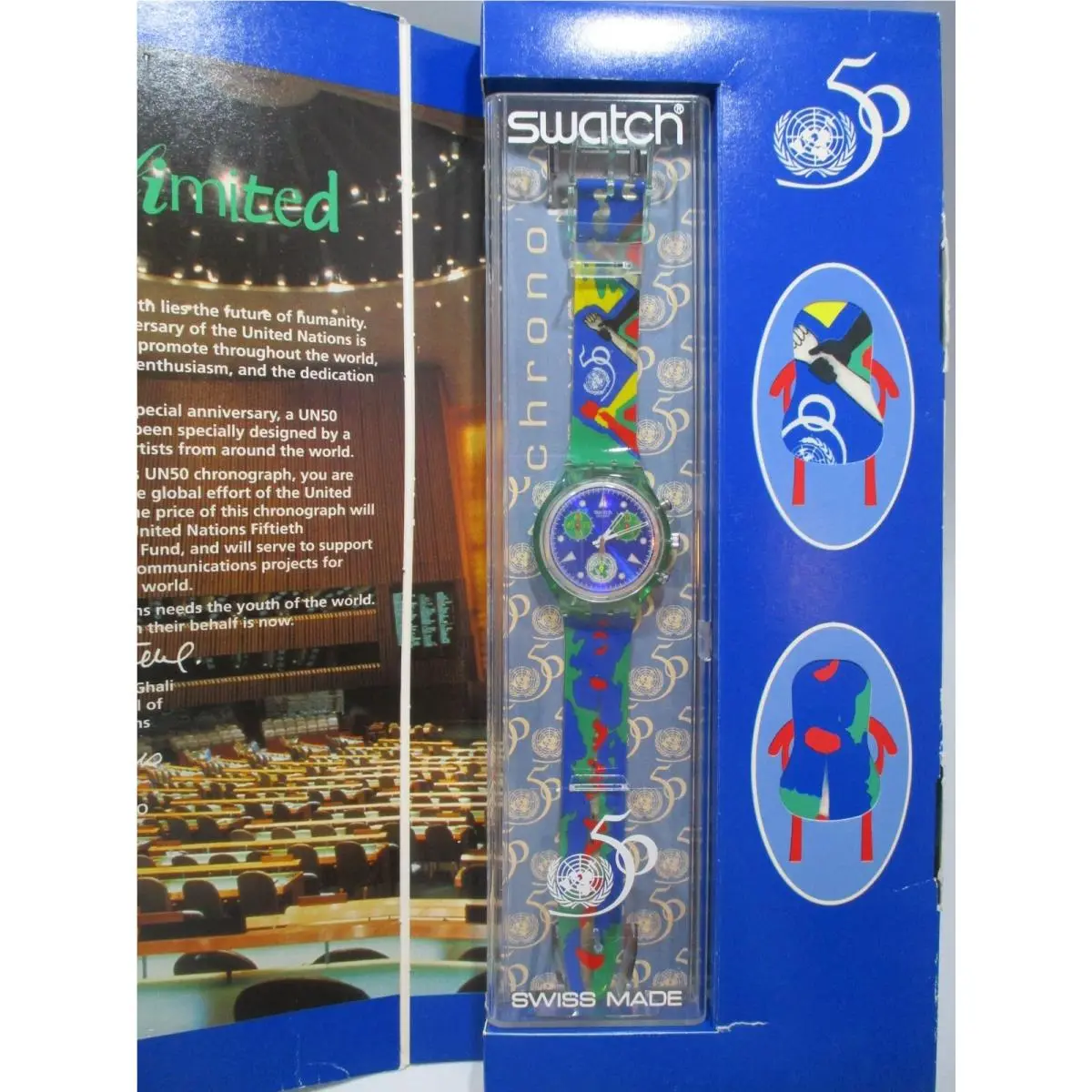 Swatch Chrono 1994 United Nations SCZ103 Quartz Chronograph Watch Papers Case