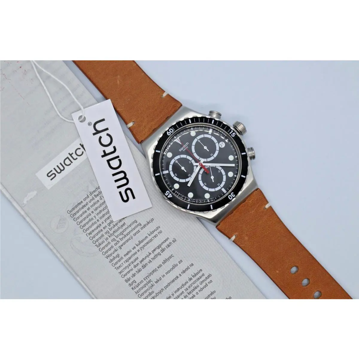Swiss Swatch Irony Disorderly Chrono Leather Date Watch 43mm YVS424
