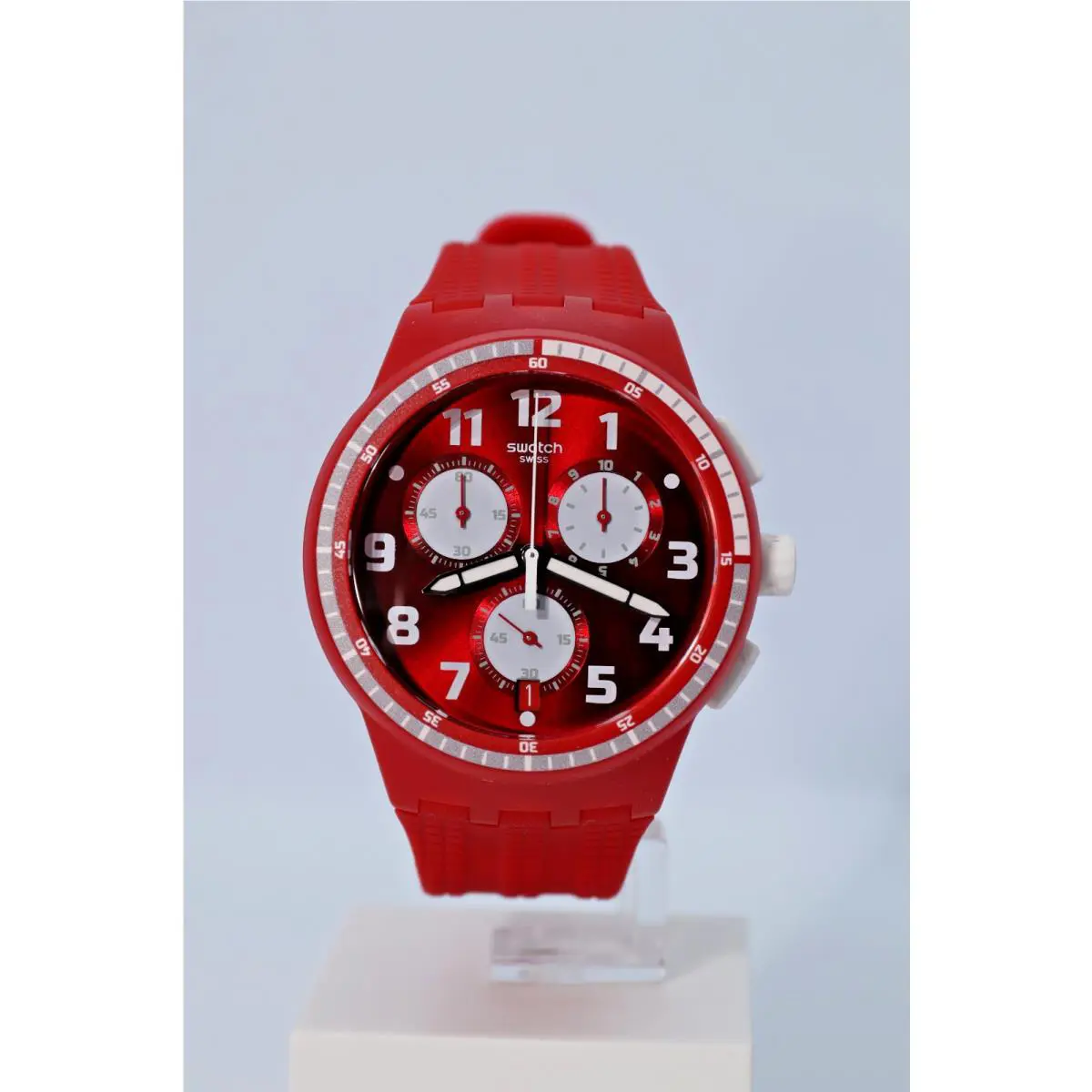 Limited Edition Swatch Swiss Made Spremuta Chronograph Watch SUSR403 - Dial: Navy blue, Red, Band: Red, Bezel: Navy blue, Red