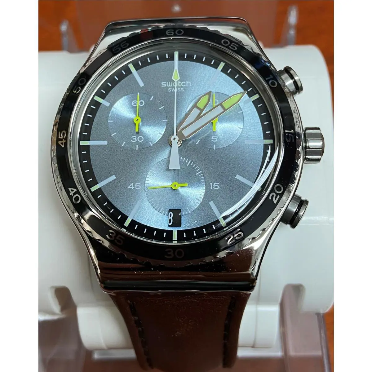 Swatch YVS429 Irony Silver Dial Brown Leather Strap Chronograph Men`s Watch