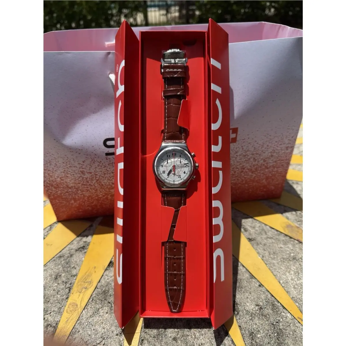 Irony Back TO The Roots YVS414 Chronograph 43mm Brown Leather Swiss by Swatch