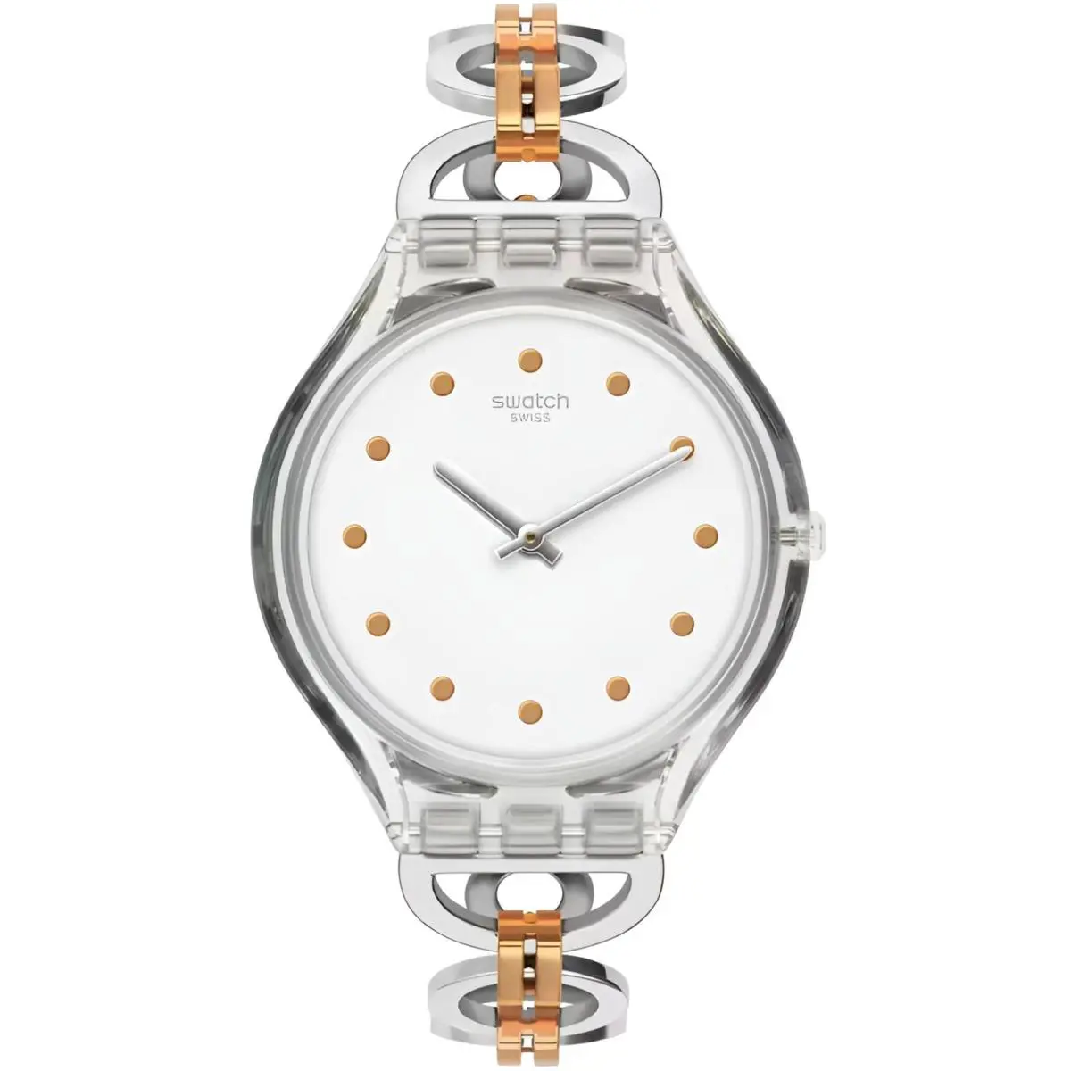 Swatch Women`s Watch Skin Skinring White Dial Two Tone Steel Bracelet SVOK102G