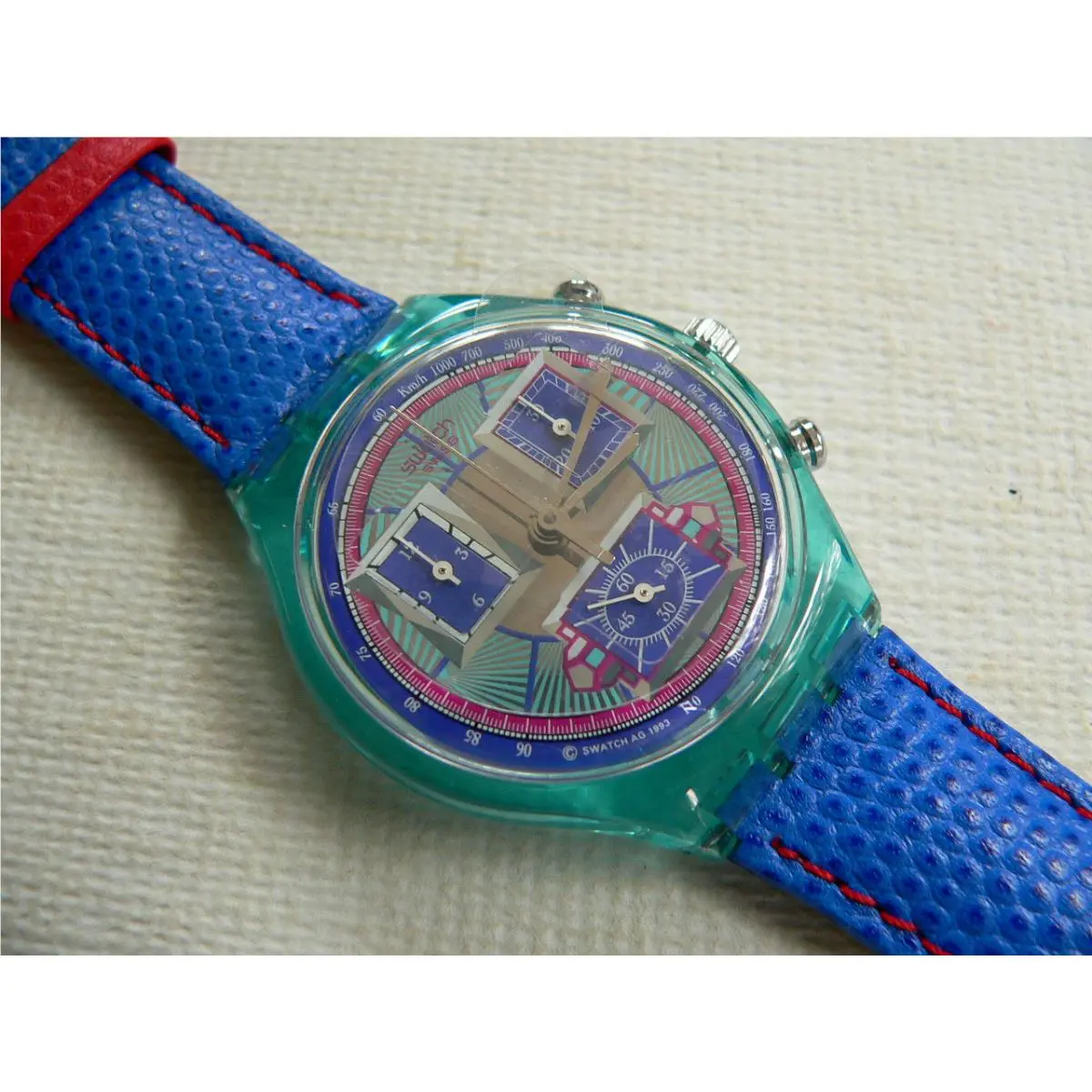 1994 Swiss Swatch Watch Chronograph Echo Deco Leather Band SCN112