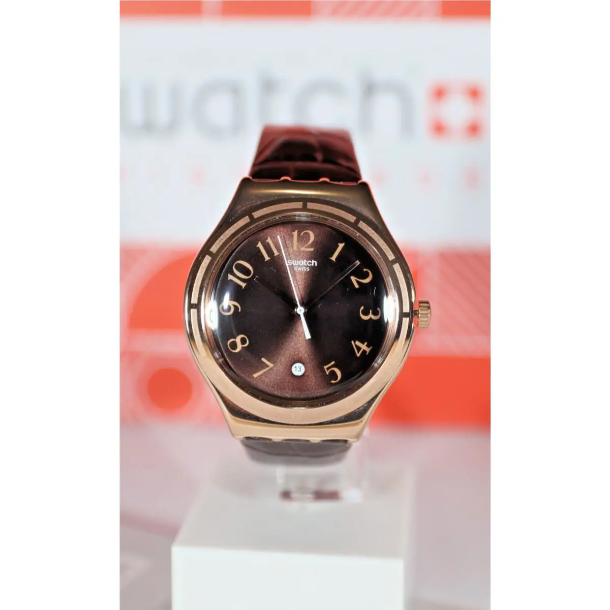 Swiss Swatch Irony Harmonieuse Rose Gold Brown Dial Leather Strap YWG406 41MM Ne