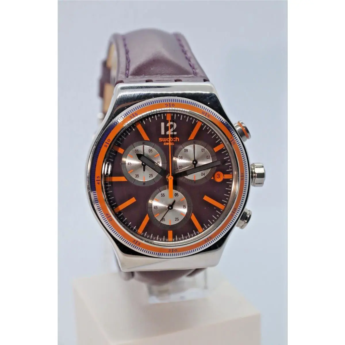 Swiss Swatch Irony Prisioner Chronograph Dark Purple Leather Watch YVS413 43