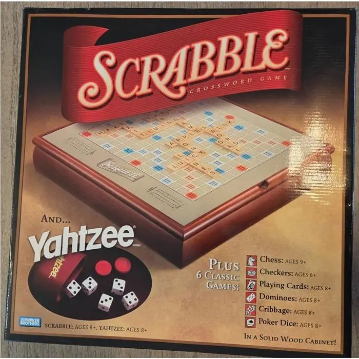 2005 Scrabble + Yahtzee Luxury Wood Deluxe Set w Chess Cards Dominoes Hasbro