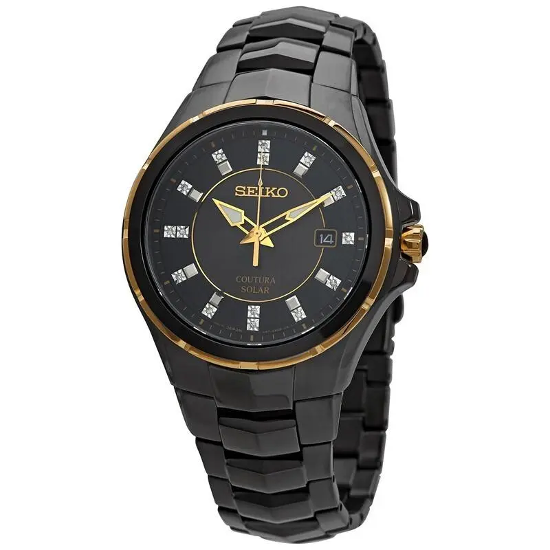 Seiko Coutura Solar Diamond Quartz Black Dial Men`s Watch SNE506 - Dial: Black, Band: Black, Bezel: Black