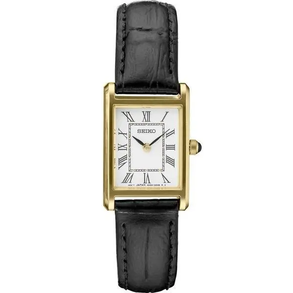 Seiko Essentials White Dial Black Leather Strap Men`s Watch SWR052-SWR104 - Dial: White, Band: Black, Bezel: Gold