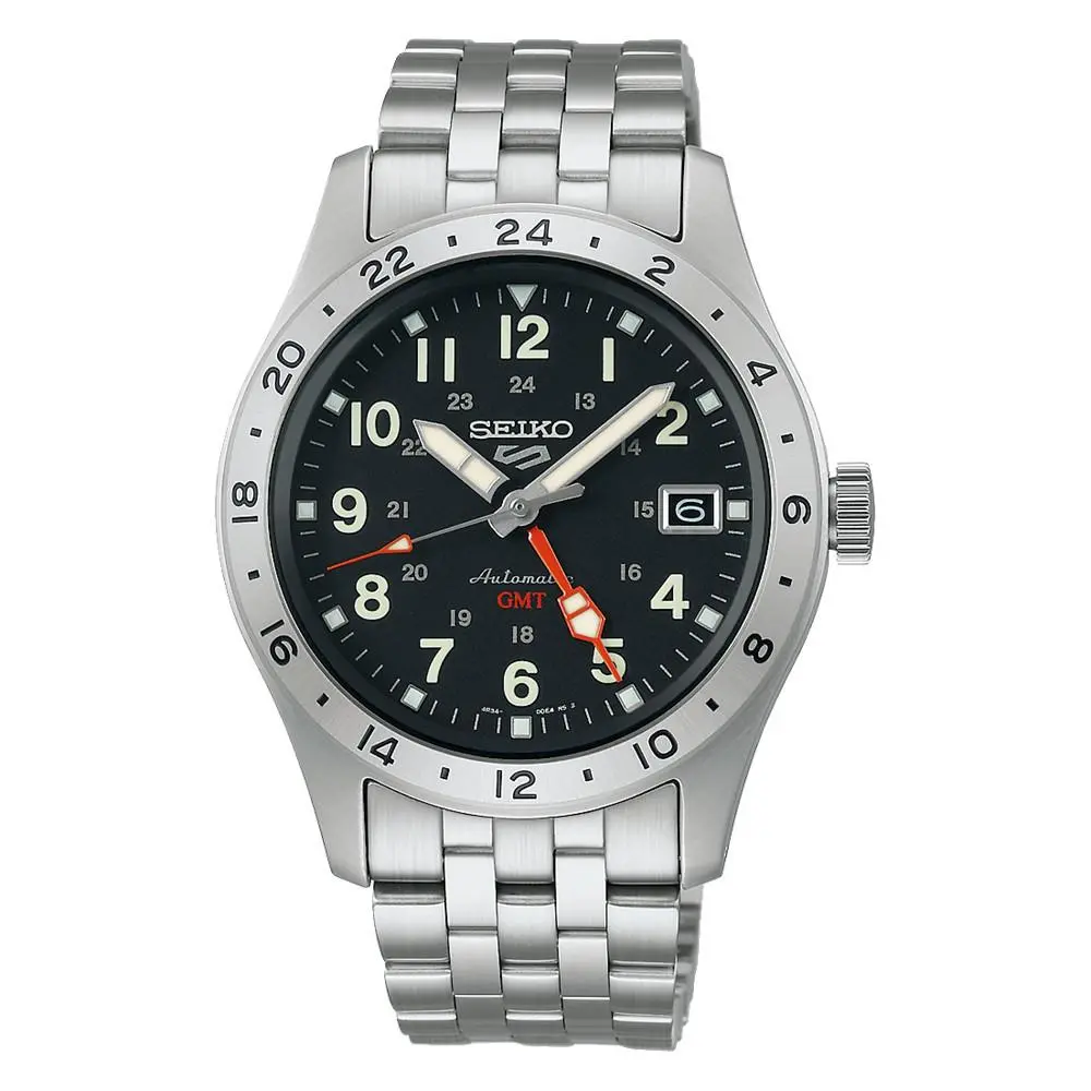 Seiko 5 Sports Automatic Gmt Black Dial Steel Bracelet Watch SSK023