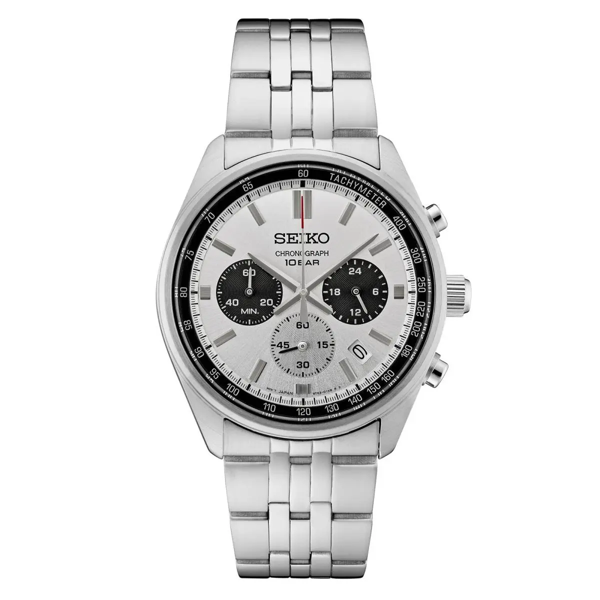 Seiko Essentials SSB425 41.5mm Silver Dial Quartz Chrono Men`s Watch Motorsports - Dial: Black, Silver, Band: Silver, Bezel: Silver