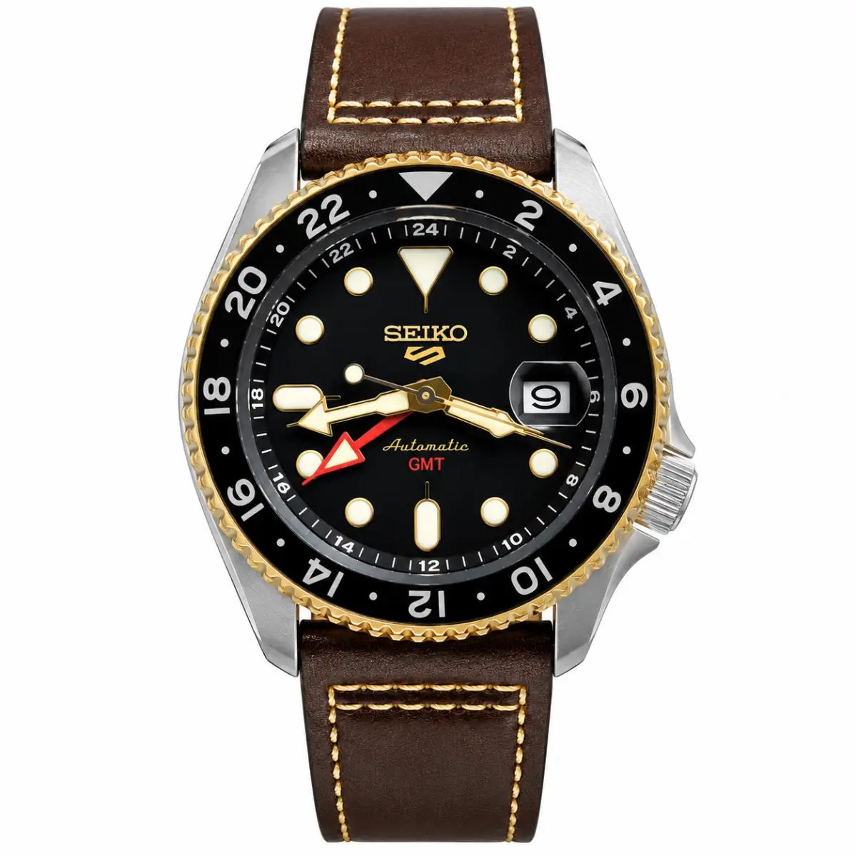 Seiko Men`s 5 Sports Automatic Gmt 42.5mm Black Dial Leather Strap Watch SSK036
