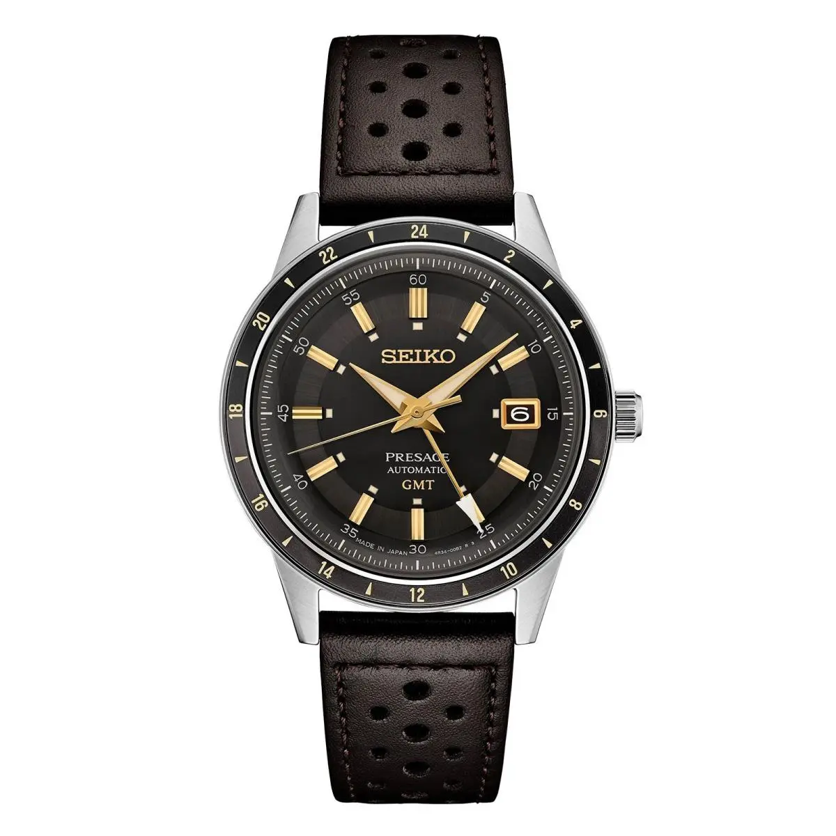 Seiko Presage SSK013 40.8mm Brown Gray Dial Gold Gmt Leather Automatic Men Watch