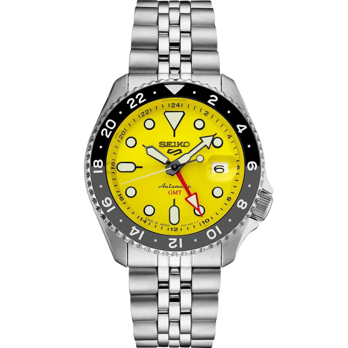 Seiko 5 Sports SSK017 Men`s Stainless Steel Yellow Dial Gmt Automatic 100M Watch - Dial: Yellow, Band: Silver, Bezel: Silver