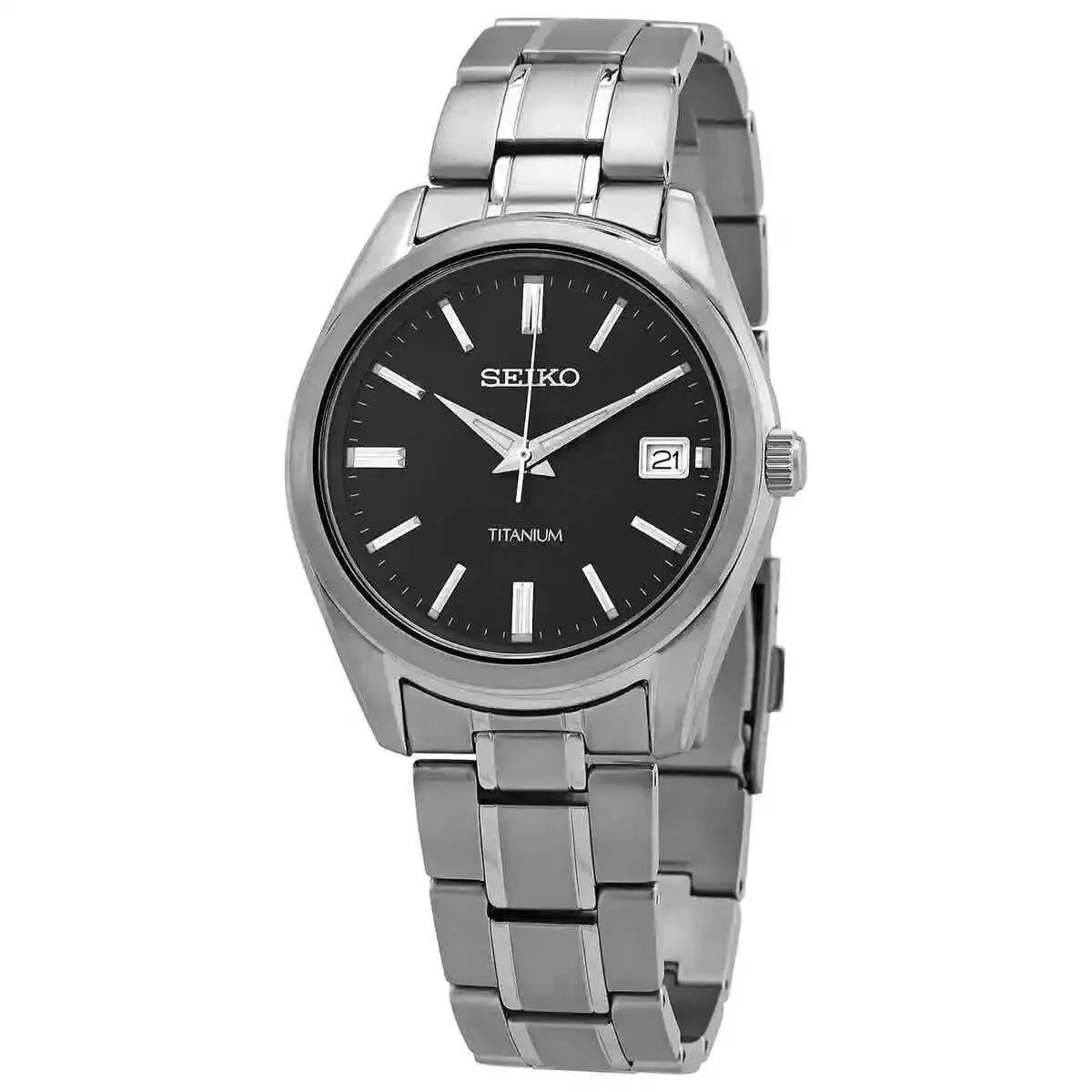 Seiko Men`s Essentials Quartz Black Dial Titanium Watch - SUR375P1 - Dial: Black, Band: Gray, Bezel: Gray