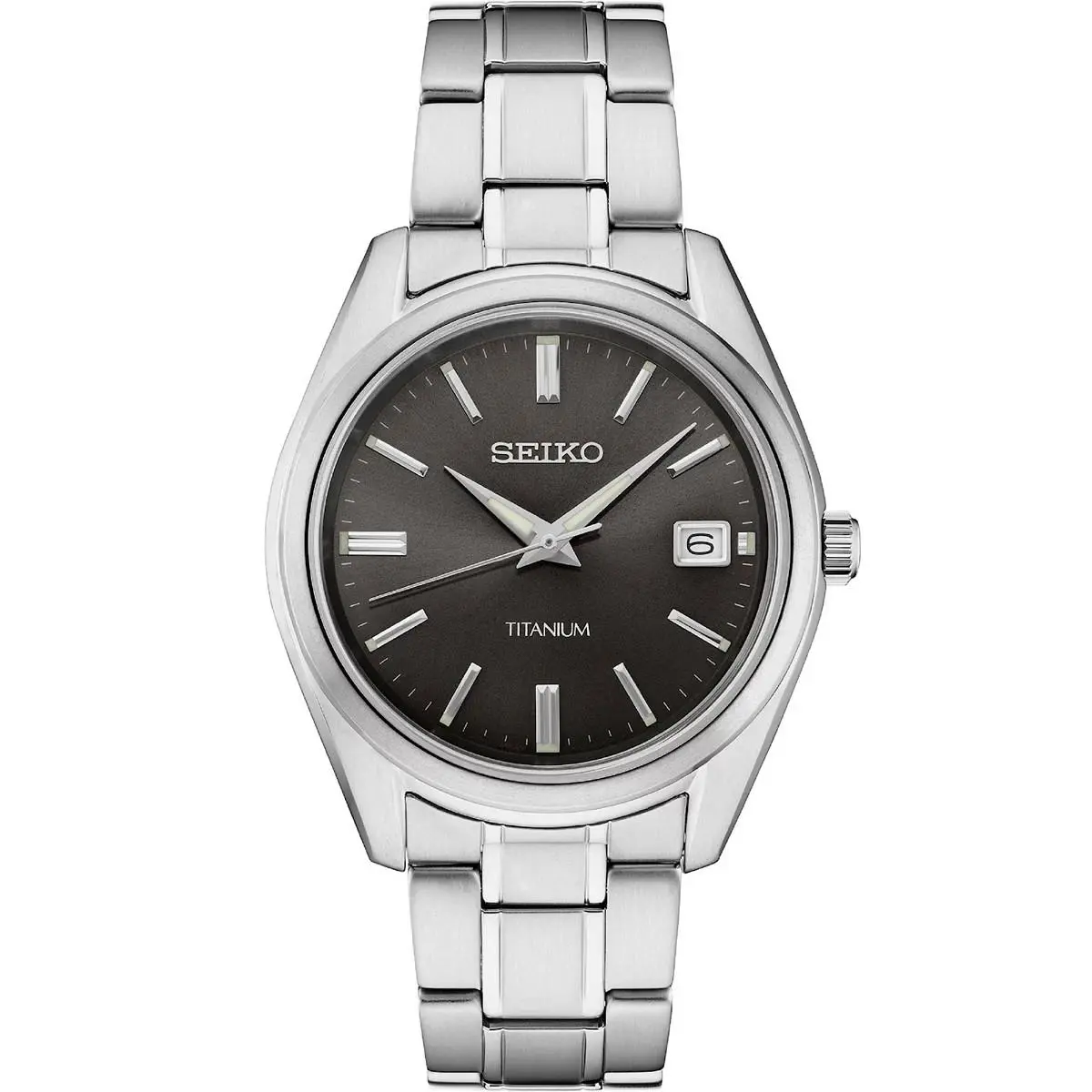 Seiko Quartz Black Dial Grey Titanium Bracelet Men`s Analog Watch SUR375 - Dial: Black, Band: Gray, Bezel: Gray