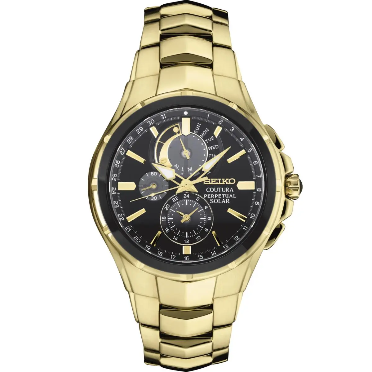 Sapphire Crystal Gold Tone Bracelet Black Dial Analog Men’s Watch SSC700 by Seiko