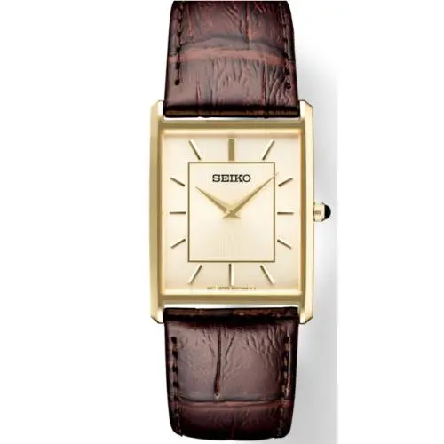 Essentials Mens Quartz Rectangular Brown Leather Strap Watch SWR064-SWR106 by Seiko