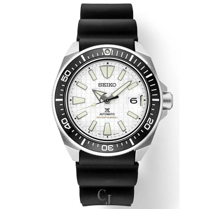 Seiko Prospex Automatic White Dial Stainless Steel 200M Men’s Watch SRPE37 - Dial: White, Band: Black, Bezel: Black