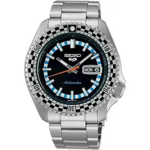 Seiko 5 Sports Special Edition Black Checkered Automatic Men`s Watch - Dial: Black, Blue, White, Band: Silver, Bezel: Black, White