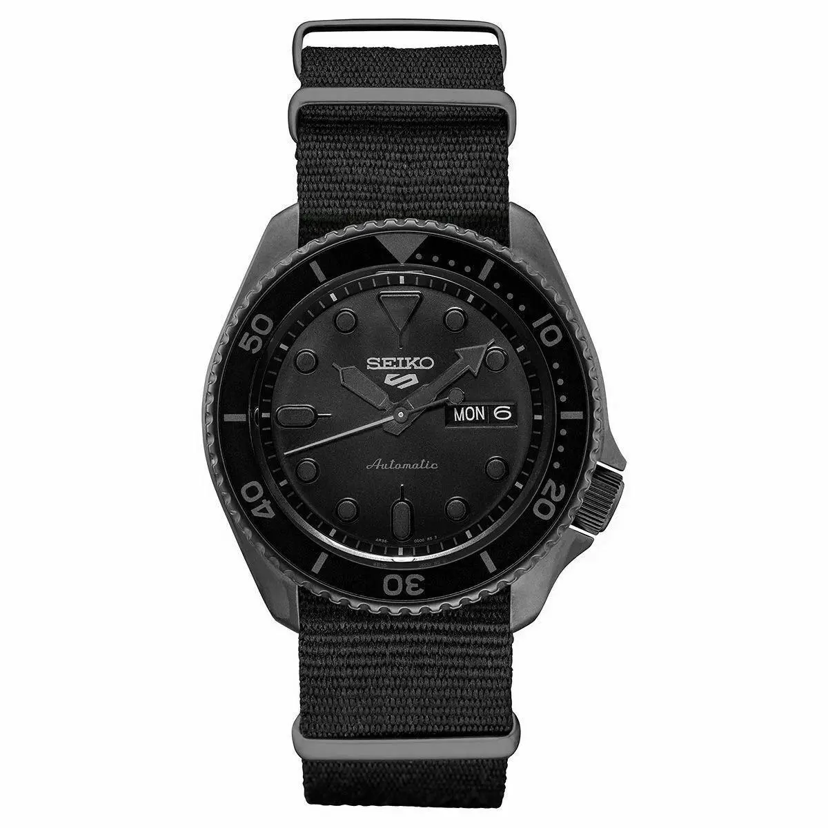 Seiko 5 Sports Men`s Black Watch - SRPD79 Automatic Nylon Band - Dial: Black, Band: Black, Bezel: Black