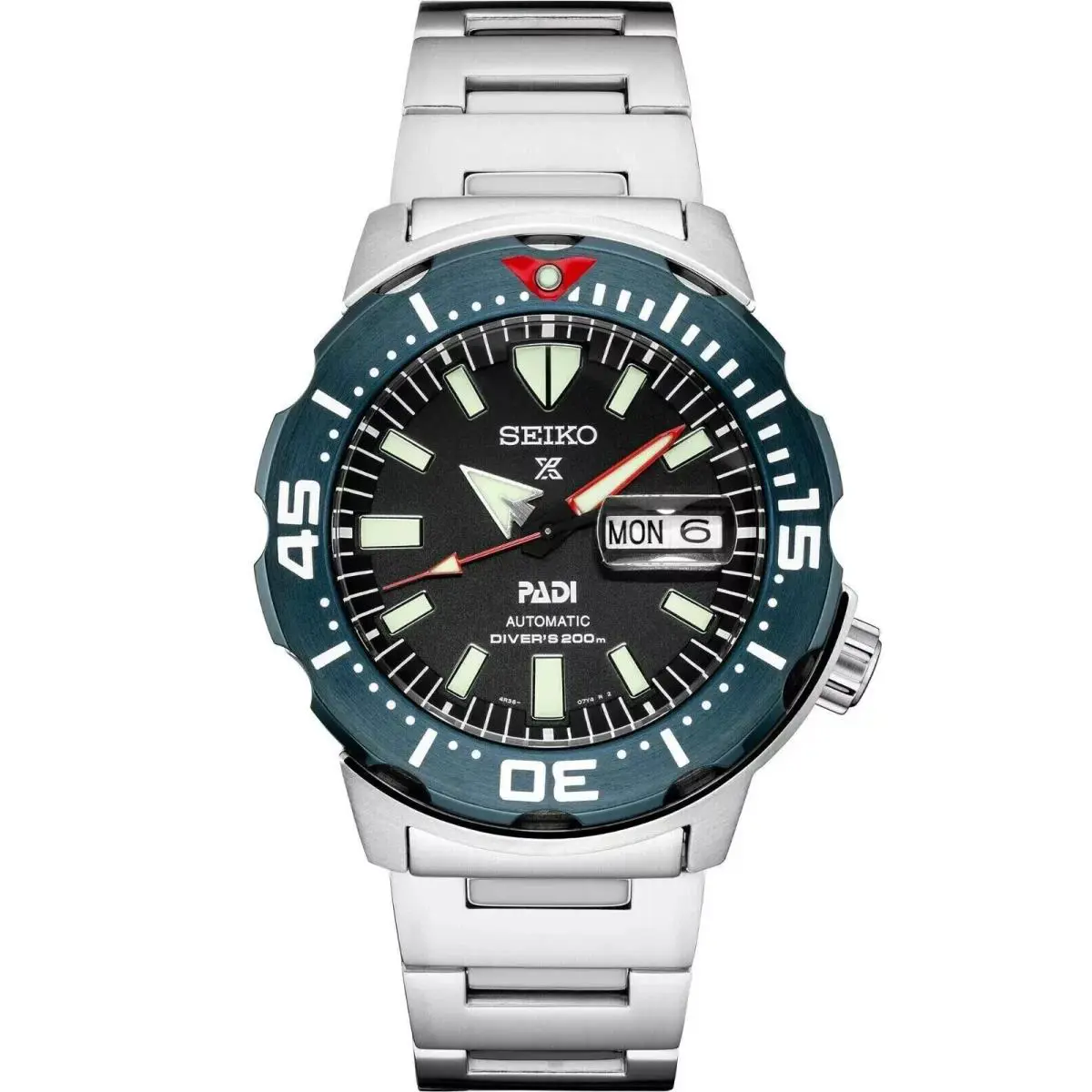 Seiko Prospex Men`s Black Watch - SRPE27 Monster 200 M Black Dial - Dial: Black, Band: Silver, Bezel: Blue
