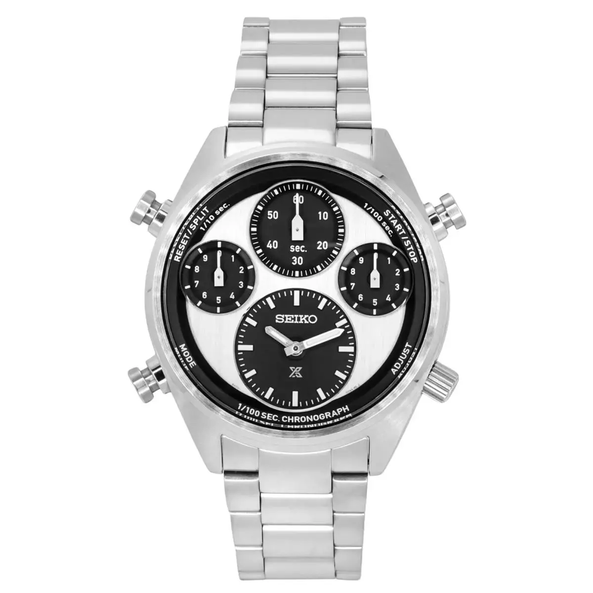 Seiko Prospex SFJ001 Silver Black Dial Chronograph Solar 100M Men`s Watch - Dial: Black, Silver, Band: Silver, Bezel: Black, Silver