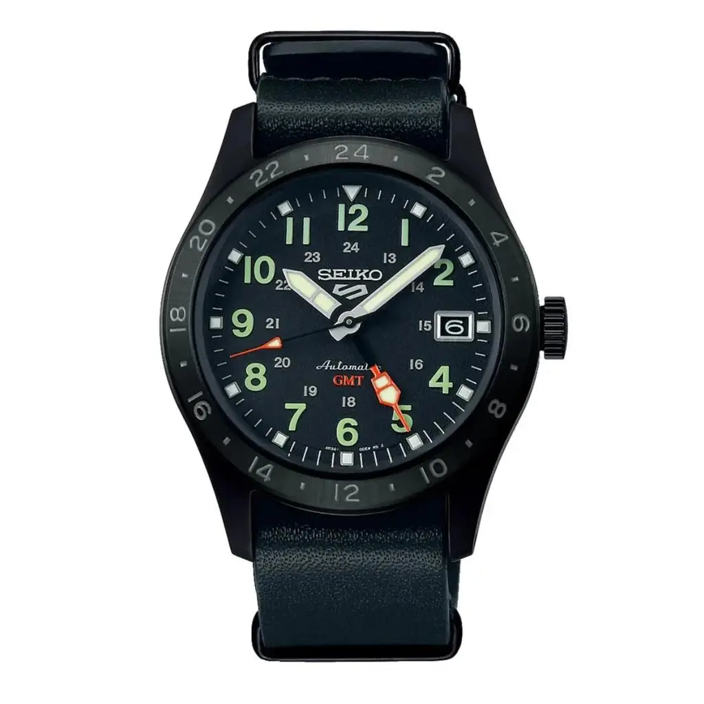 Seiko 5 Sports Automatic Gmt Black Dial Leather Strap Watch SSK025 - Dial: Black, Band: Black