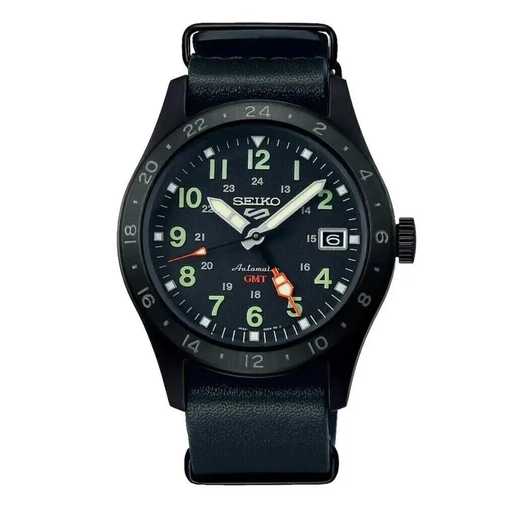 Seiko 5 Sports Automatic Gmt Black Dial Leather Strap Watch SSK025 - Dial: Black, Band: Black, Bezel: Black
